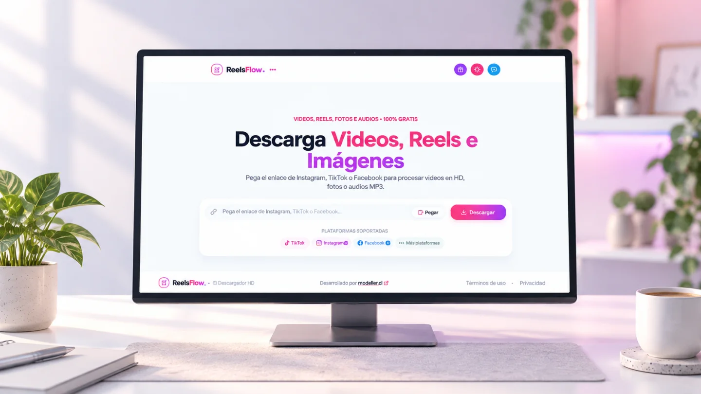 Plataforma web ReelsFlow presentada en un monitor de escritorio