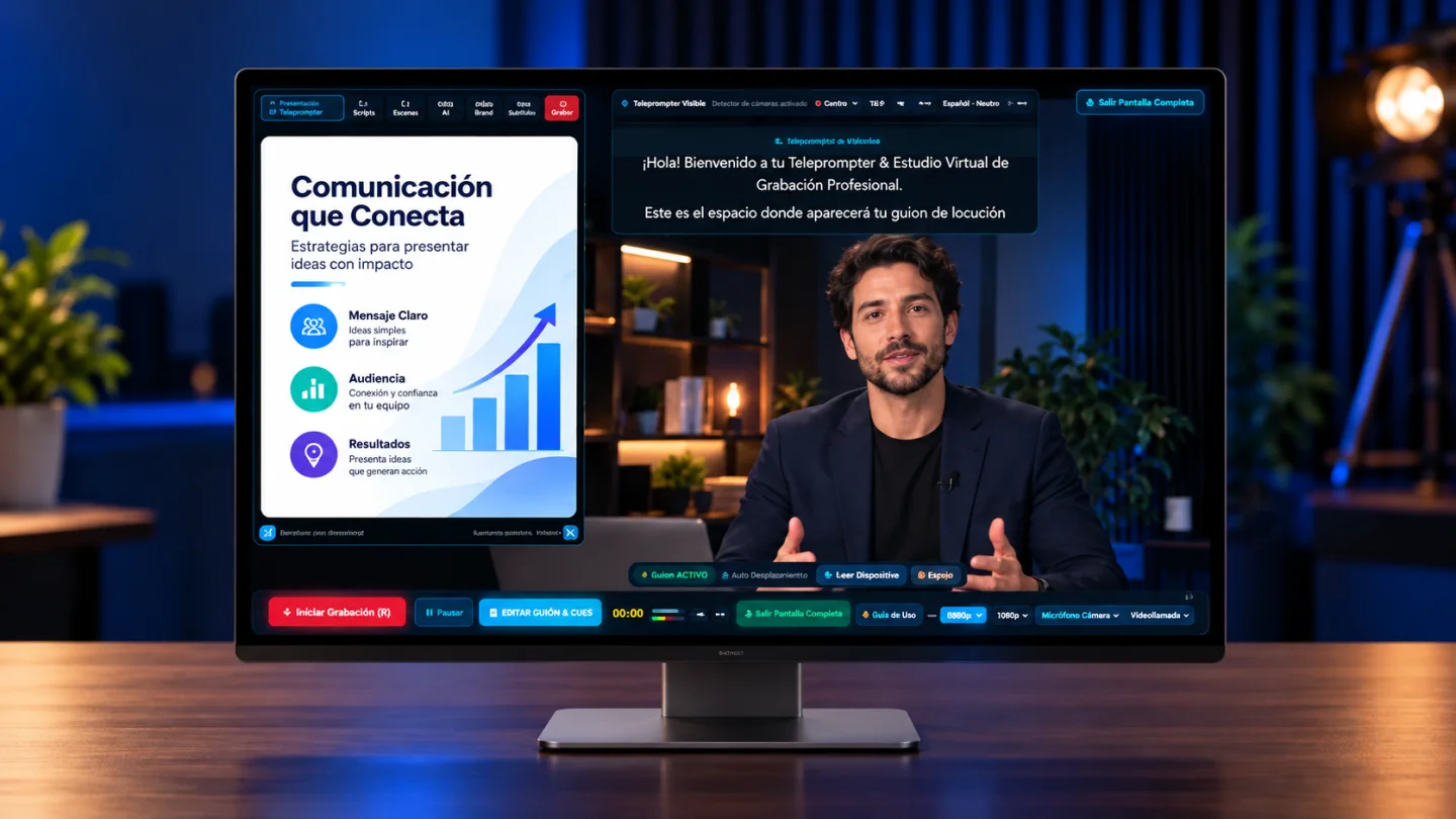 Interfaz de Teleprompter Studio presentada en un monitor de escritorio