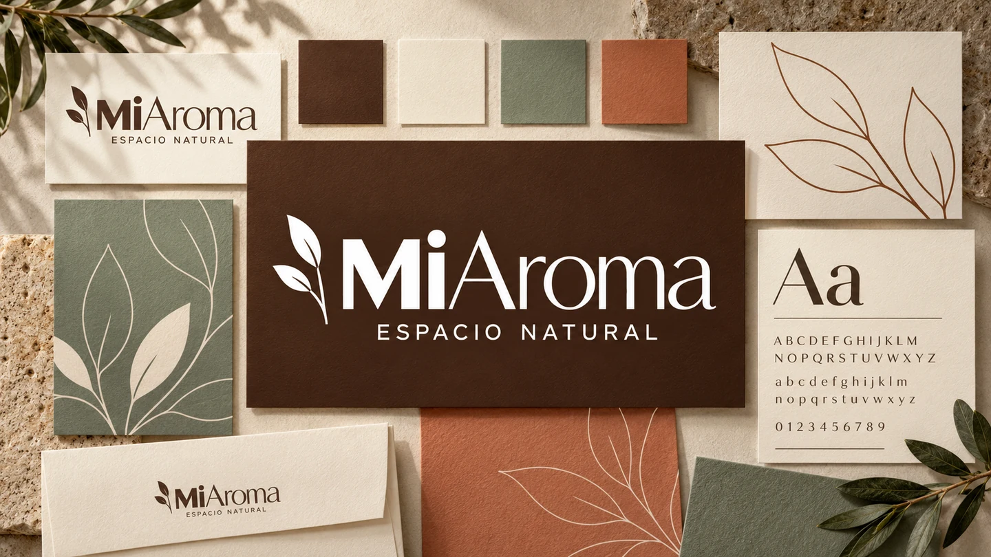 Sistema de identidad MiAroma con logotipo, paleta cromática y recursos botánicos