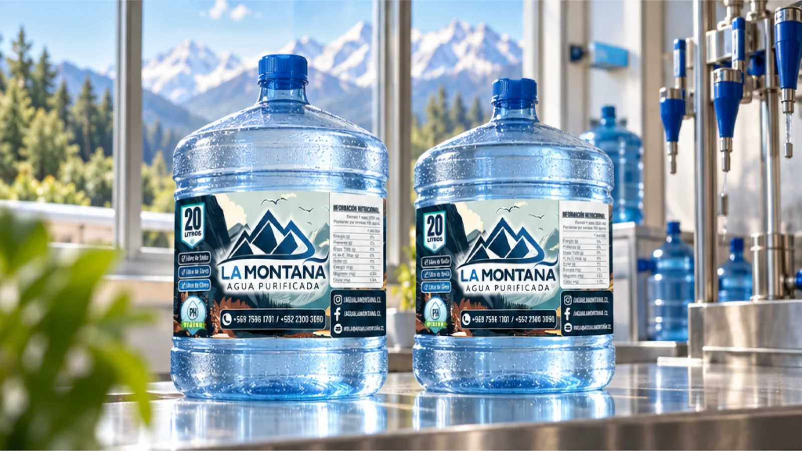 Bidones de Agua La Montaña en un espacio de llenado.