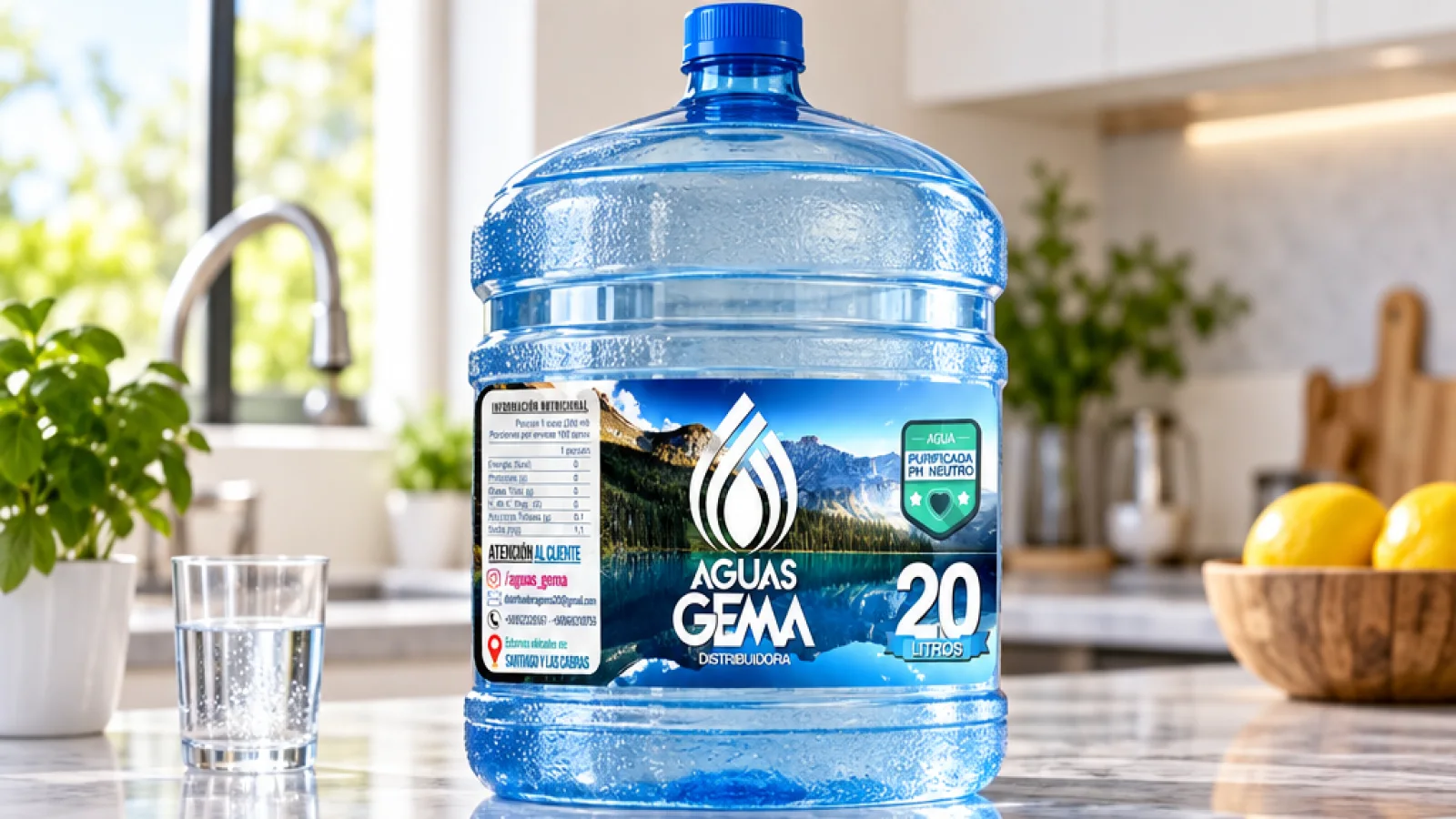 Bidón de 20 litros de Aguas Gema presentado como producto terminado.