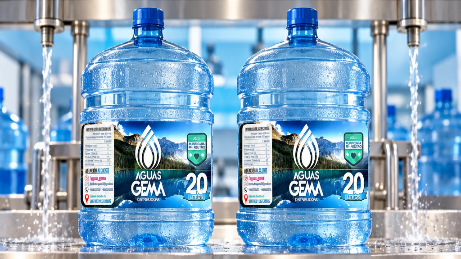 Bidones de Aguas Gema en un espacio de llenado.