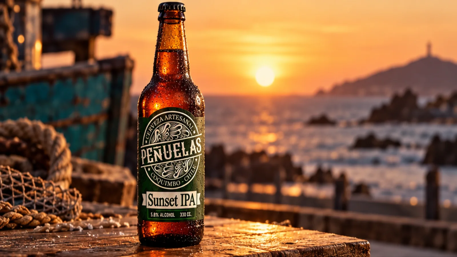 Botella Sunset IPA presentada en un paisaje costero de Peñuelas.