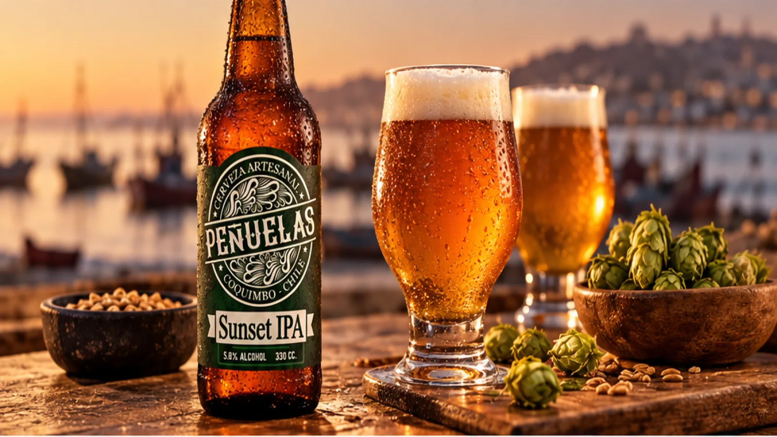 Botella y copa de cerveza artesanal Peñuelas