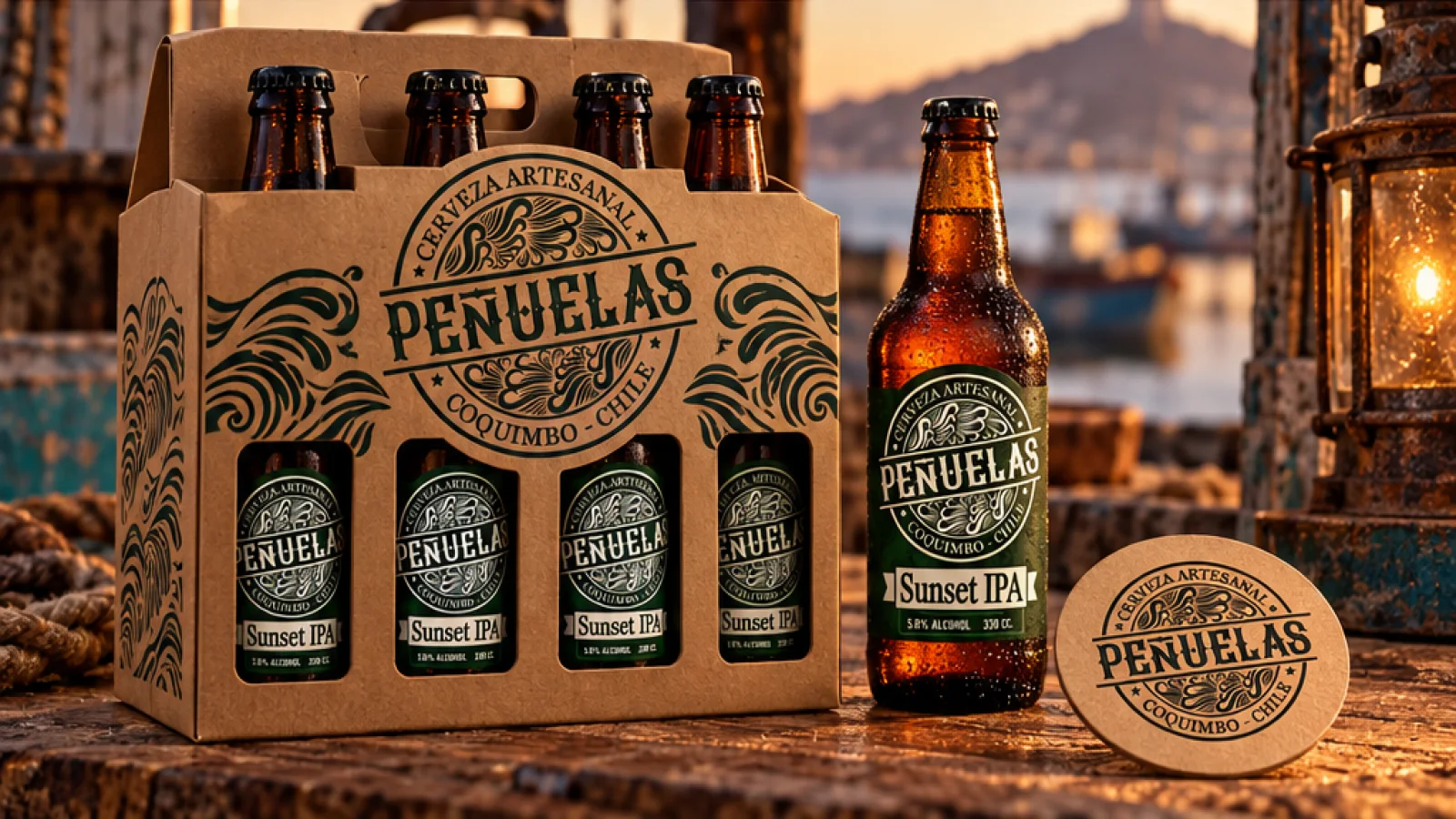 Pack de botellas con caja y sello de marca.