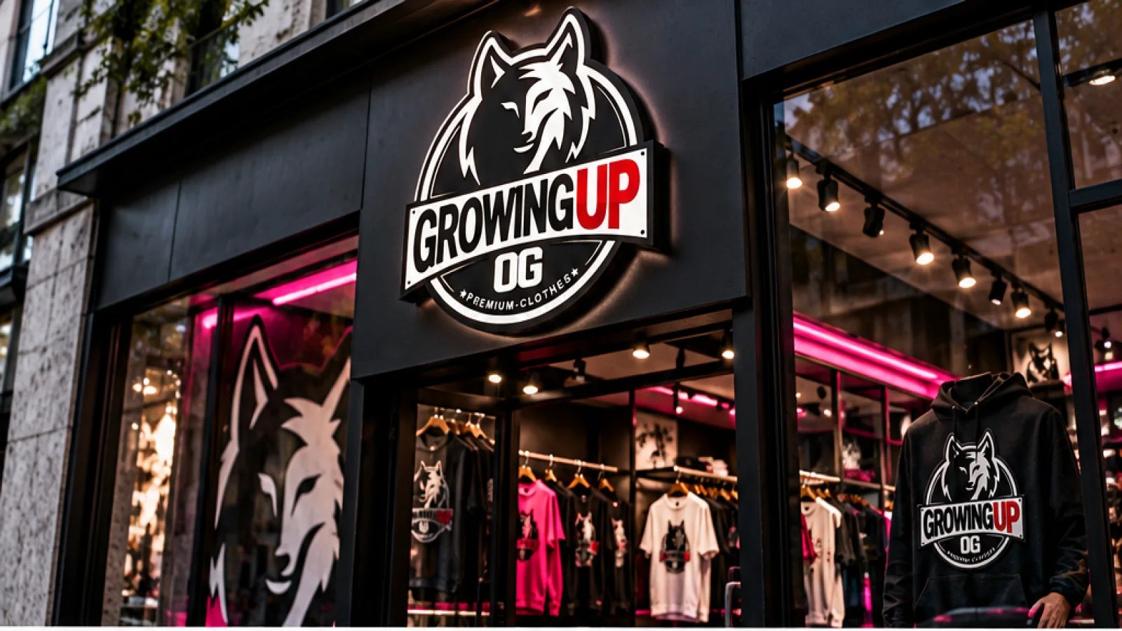 Local de ropa urbana con identidad Growing Up aplicada.