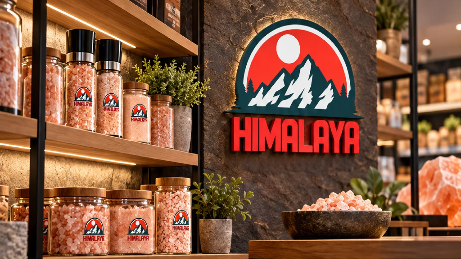 Línea de frascos de sal Himalaya en una presentación de tienda.