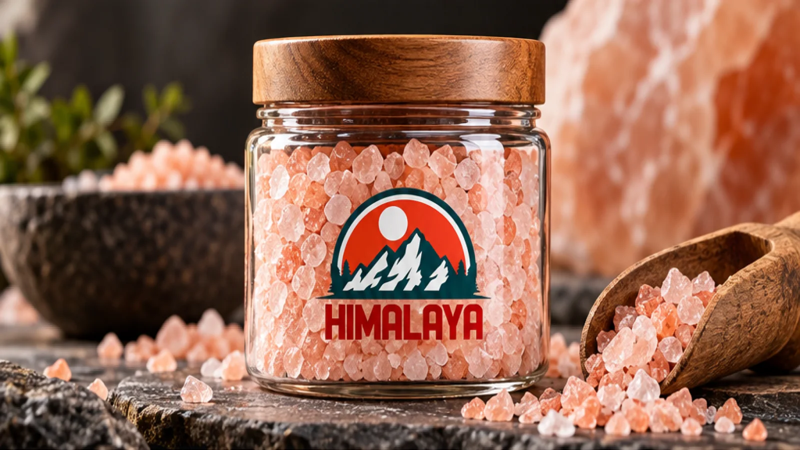 Envase de sal Himalaya con cristales de sal rosada
