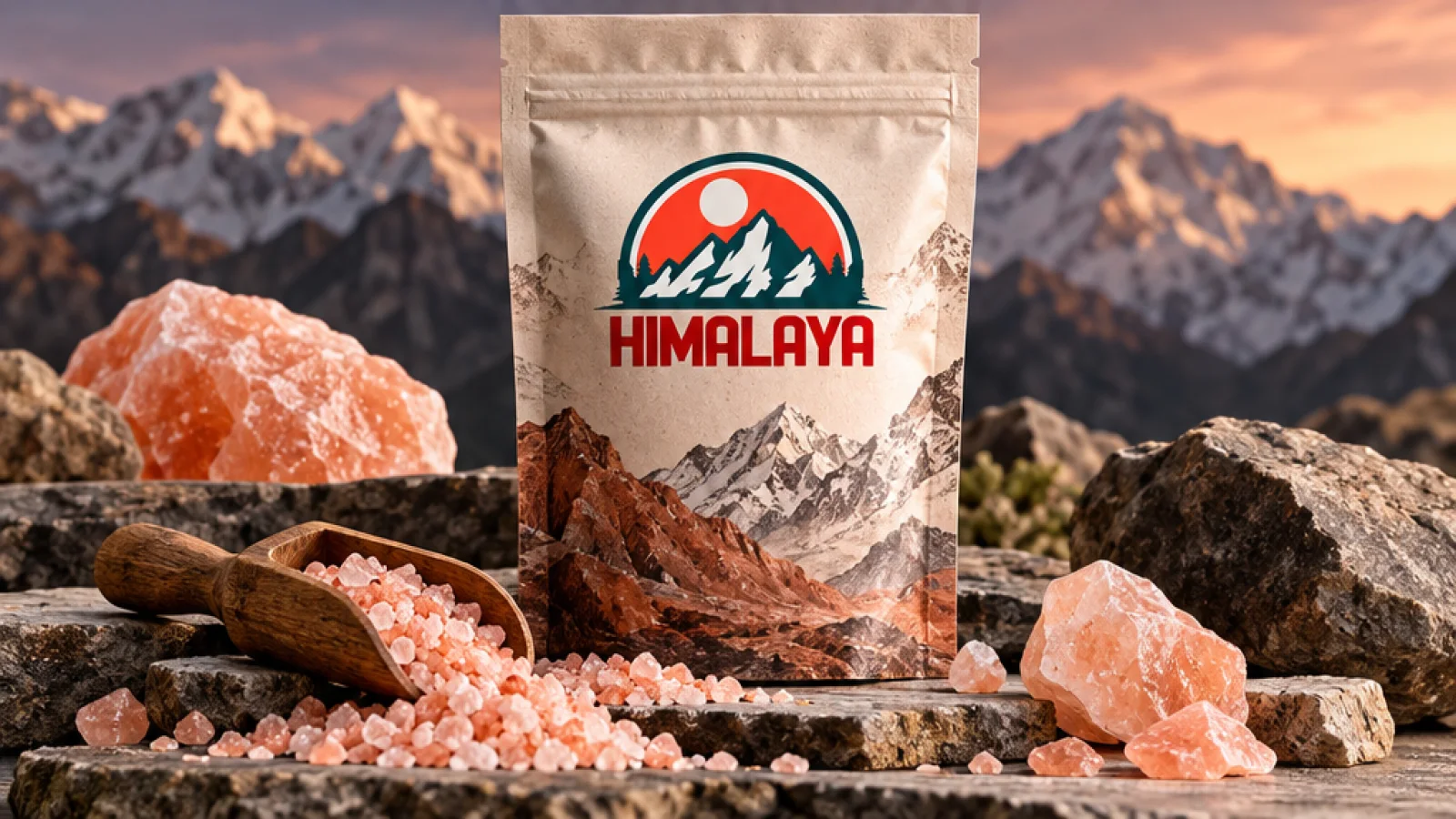 Bolsa de sal Himalaya presentada junto a cristales del producto.
