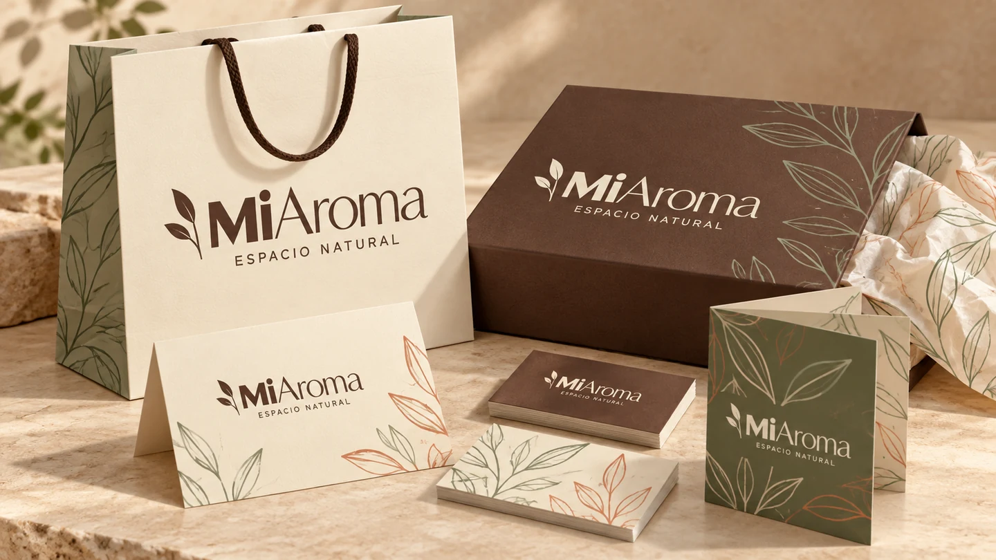 Aplicaciones de identidad MiAroma en papelería y empaque de marca.
