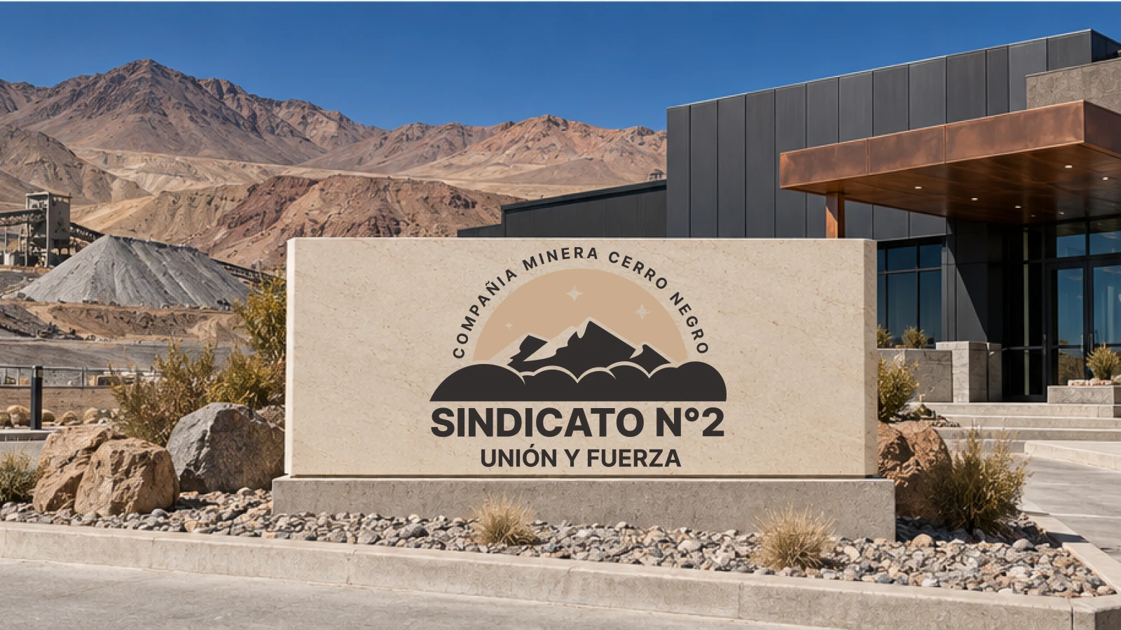 Emblema del Sindicato N.º 2 frente a un entorno minero cordillerano