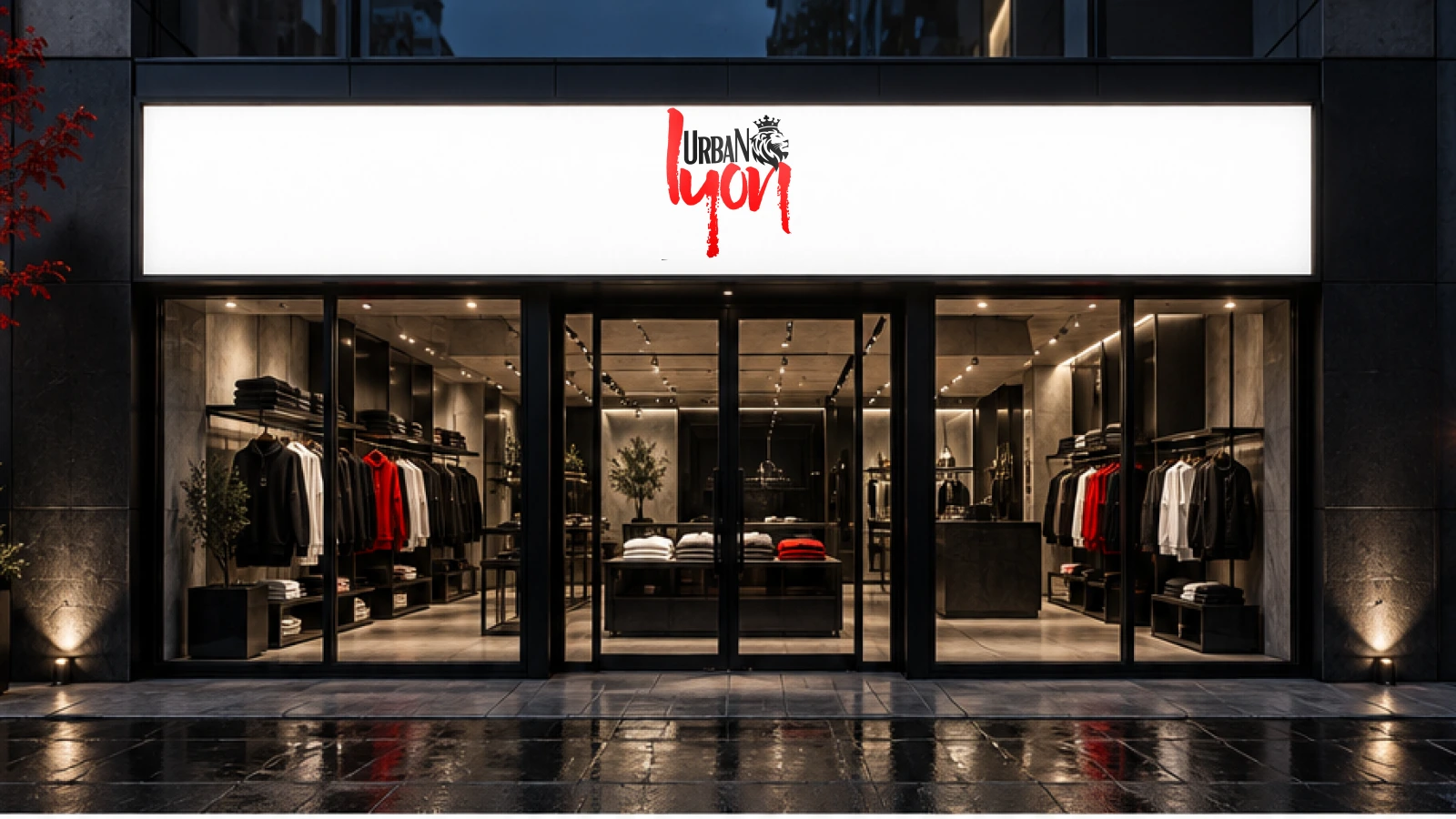 Identidad Urban Lyon aplicada en la fachada de una tienda de moda urbana.