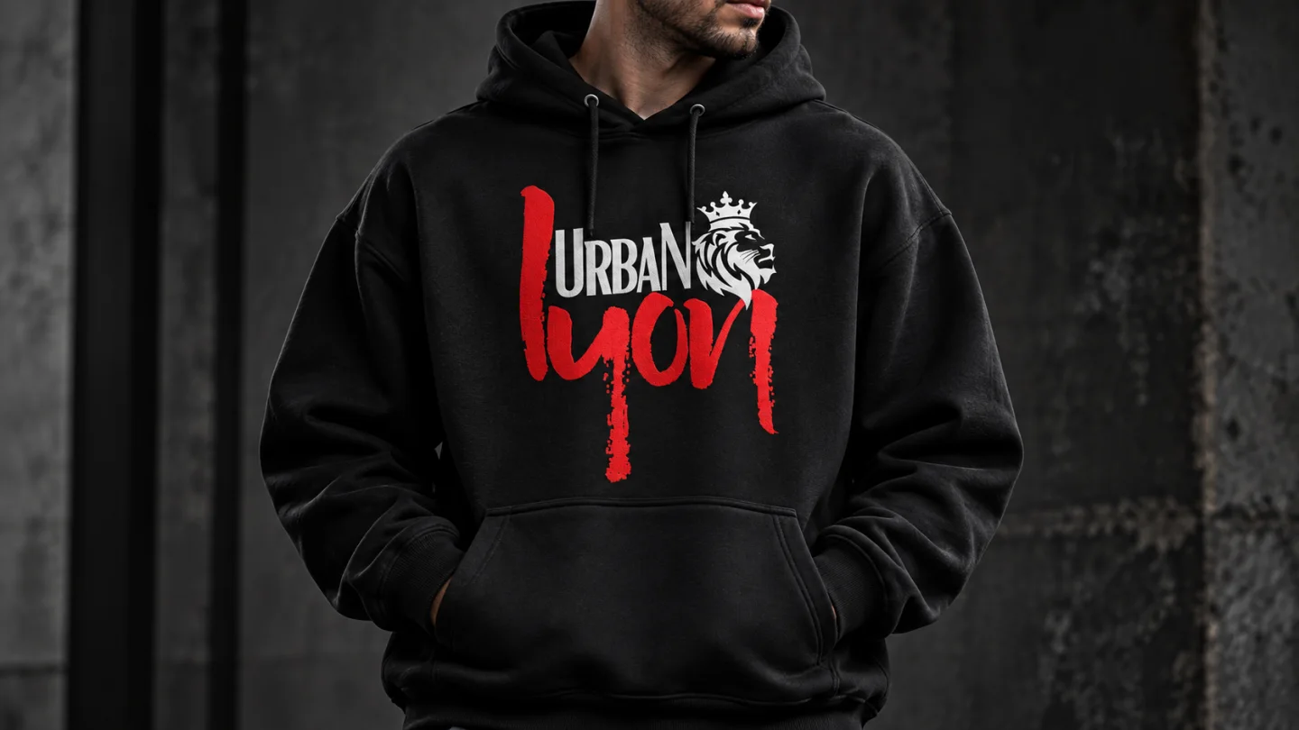 Logotipo Urban Lyon aplicado en un polerón negro.