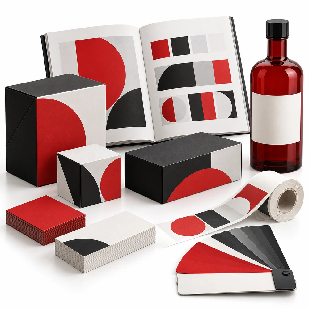 Sistema de identidad visual, packaging, etiquetas y papelería en rojo, blanco y negro