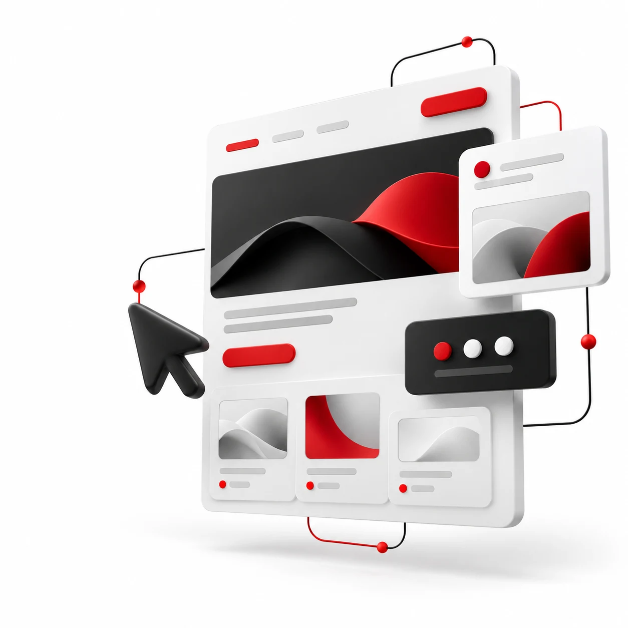 Ilustración tridimensional de una interfaz web modular en blanco, negro y rojo