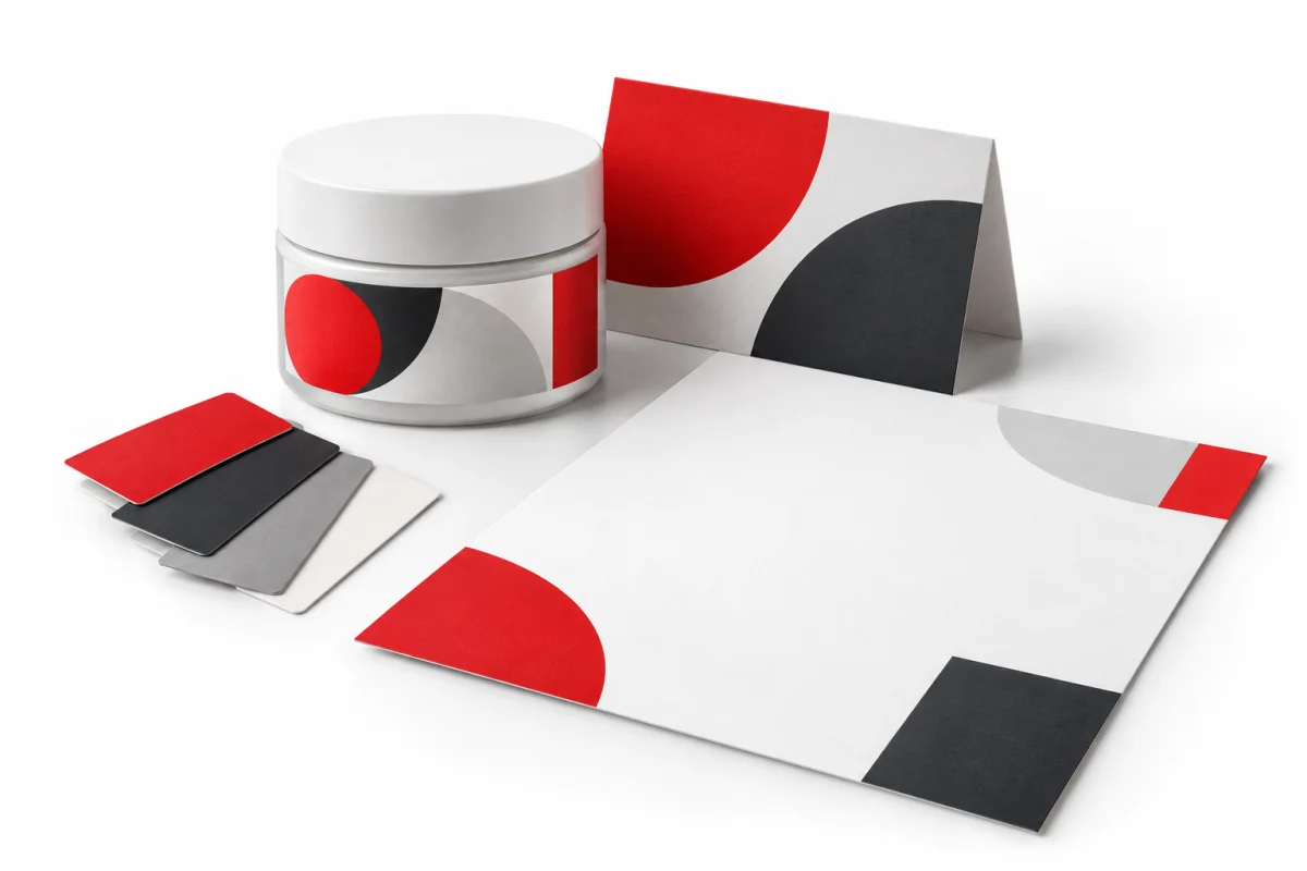 Composición 3D de packaging, papelería y colores de marca