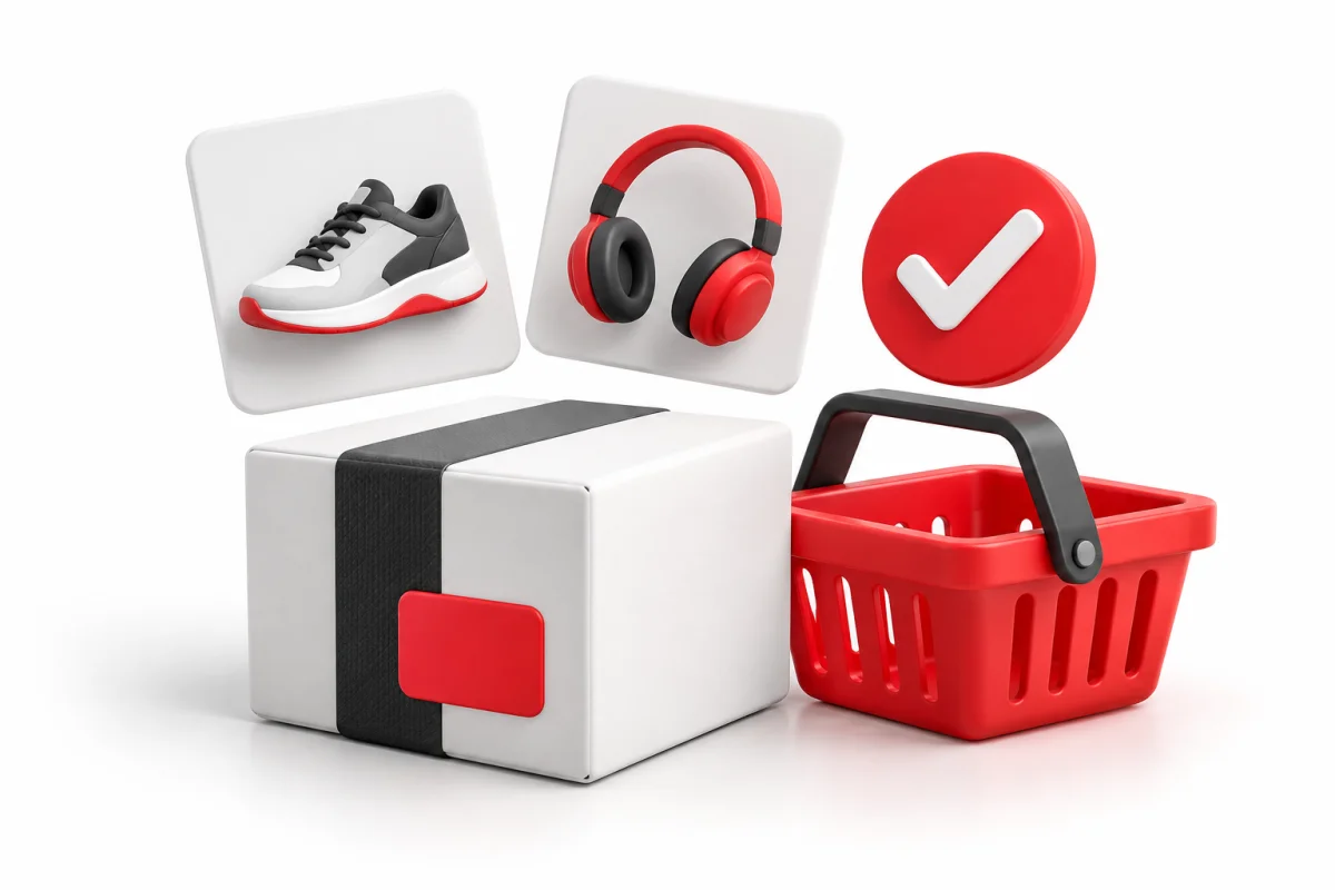 Composición 3D de productos, paquete y carrito de compra