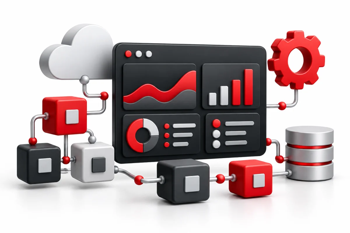 Composición 3D de un panel de datos y módulos de software